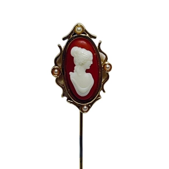 Vintage Avon Gold Tone Cameo & Faux Pearl Stick Pin (2158-1-2) - Picture 2 of 6